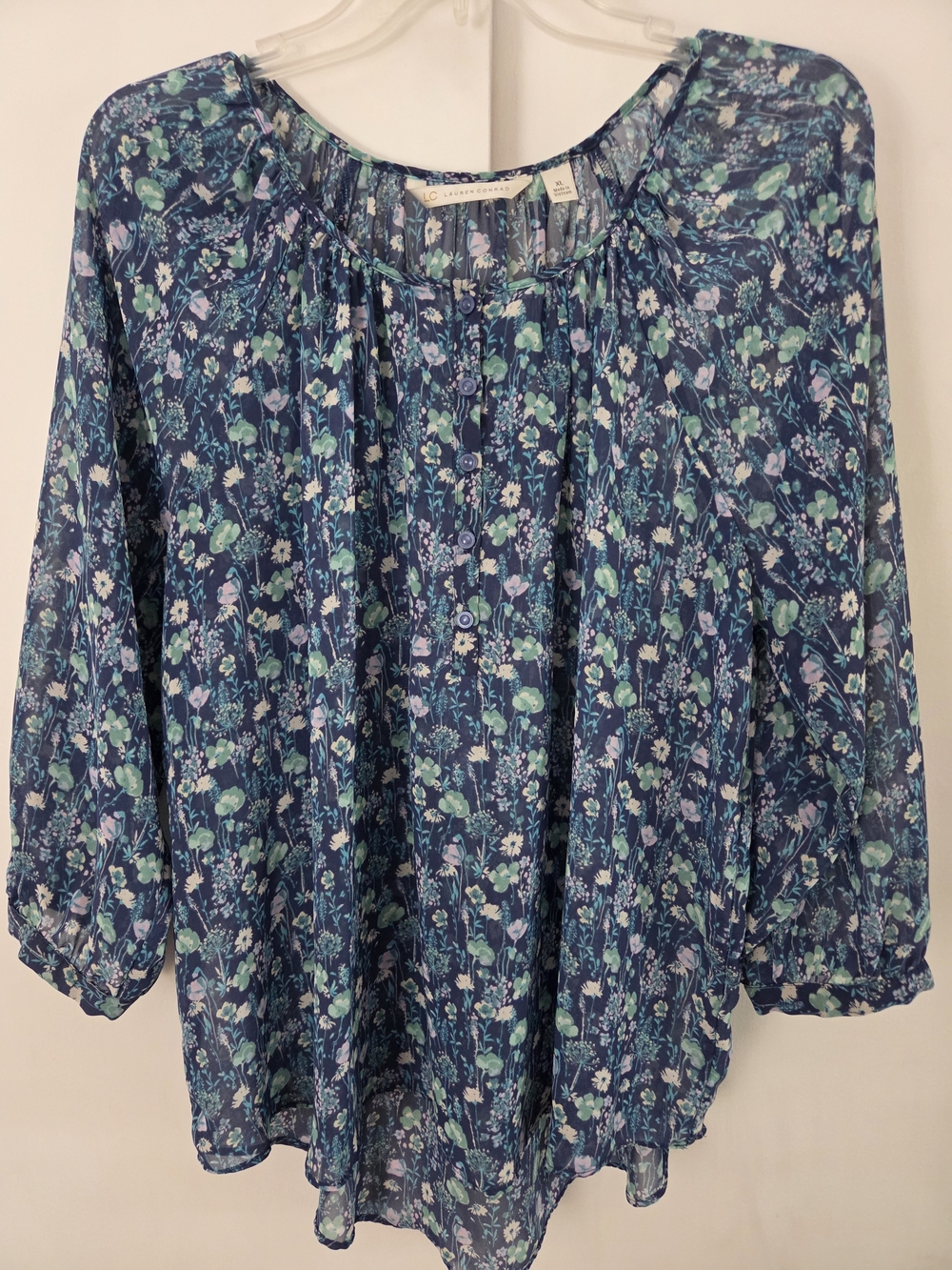 LC Lauren Conrad Blue, White And Green Floral Button-Front Sheer Peasant Blouse